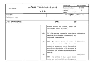 8
PCH - Autódromo
ANÁLISE PRELIMINAR DE RISCO
A. P. R.
Identificação : APR-ST-0008-0
Data de emissão : 21/05/08
Revisão : 0
Página / 7
EMPRESA: DESCRIÇÃO DA ATIVIDADE :
Trabalhos em altura
LOCAL DA ATIVIDADE : DATA: / /2010
Alto
Alto
Alto
andaime apoiado em cavaletes, desde que
possuam altura máxima de 2 metros.
2.1.7 - Não acumular materiais nas passarelas ou
plataformas de trabalhos dos andaimes afim de não
comprometer sua estabilidade.
2.1.8 - Os andaimes devem ser providos de
escadas de acesso, construída de material
resistente, o espaçamento entre os degraus deve
ser uniforme, não exceder a 30 centímetros e
corrimão dos dois lados sem apresentar farpas ou
saliências.
2.1.9 - Nos trabalhos em altura superior a dois
metros, fazer uso constante do cinto de segurança
Colaboradores
Colaboradores
Colaboradores
 