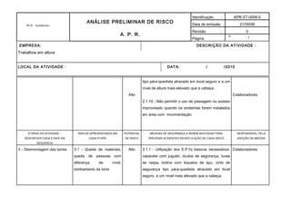 9
PCH - Autódromo
ANÁLISE PRELIMINAR DE RISCO
A. P. R.
Identificação : APR-ST-0008-0
Data de emissão : 21/05/08
Revisão : 0
Página / 7
EMPRESA: DESCRIÇÃO DA ATIVIDADE :
Trabalhos em altura
LOCAL DA ATIVIDADE : DATA: / /2010
Alto
tipo pára-quedista atracado em local seguro e a um
nível de altura mais elevado que a cabeça.
2.1.10 - Não permitir o uso de passagem ou acesso
improvisado quando os andaimes forem instalados
em área com movimentação.
Colaboradores
ETAPAS DA ATIVIDADE –
DESCREVER CADA ETAPA EM
SEQUENCIA
RISCOS APRESENTADOS EM
CADA ETAPA
POTENCIAL
DE RISCO
MEDIDAS DE SEGURANÇA A SEREM ADOTADAS PARA
PREVENIR ACIDENTES DEVIDO A AÇÃO DE CADA RISCO
RESPONSÁVEL PELA
ADOÇÃO DA MEDIDA
3 – Desmontagem das torres 3.1 - Queda de materiais,
queda de pessoas com
diferença de nível,
tombamento da torre
Alto 3.1.1 - Utilização dos E.P.I's básicos necessários:
capacete com jugular, óculos de segurança, luvas
de raspa, botina com biqueira de aço, cinto de
segurança tipo pára-quedista atracado em local
seguro, a um nível mais elevado que a cabeça.
Colaboradores
 