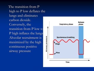 The transition from P
high to P low deflates the
lungs and eliminates
carbon dioxide.
Conversely, the
transition from P low to
P high inflates the lungs.
Alveolar recruitment is
maximized by the high
continuous positive
airway pressure

 