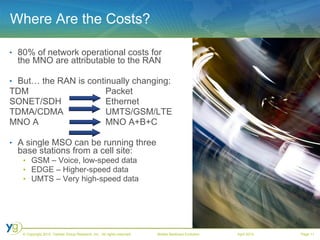 80% of network operational costs for the MNO are attributable to the RAN But… the RAN is continually changing: TDM  Packet SONET/SDH  Ethernet TDMA/CDMA  UMTS/GSM/LTE MNO A   MNO A+B+C A single MSO can be running three base stations from a cell site: GSM – Voice, low-speed data EDGE – Higher-speed data UMTS – Very high-speed data Where Are the Costs? 