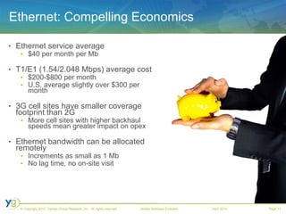 Ethernet: Compelling Economics Ethernet service average  $40 per month per Mb  T1/E1 (1.54/2.048 Mbps) average cost $200-$800 per month  U.S. average slightly over $300 per month 3G cell sites have smaller coverage footprint than 2G More cell sites with higher backhaul speeds mean greater impact on opex Ethernet bandwidth can be allocated remotely  Increments as small as 1 Mb No lag time, no on-site visit 
