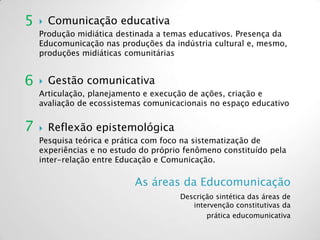 As áreas da Educomunicação
Descrição sintética das áreas de
intervenção constitutivas da
prática educomunicativa
 Comunicação educativa
Produção midiática destinada a temas educativos. Presença da
Educomunicação nas produções da indústria cultural e, mesmo,
produções midiáticas comunitárias
 Gestão comunicativa
Articulação, planejamento e execução de ações, criação e
avaliação de ecossistemas comunicacionais no espaço educativo
 Reflexão epistemológica
Pesquisa teórica e prática com foco na sistematização de
experiências e no estudo do próprio fenômeno constituído pela
inter-relação entre Educação e Comunicação.
5
6
7
 