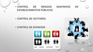 • CONTROL DE RIESGOS SANITARIOS EN
ESTABLECIMIENTOS PÚBLICOS.
• CONTROL DE VECTORES.
• CONTROL DE ZOONOSIS
 