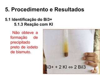 5. Procedimento e Resultados
Não obteve a
formação de
precipitado
preto de iodeto
de bismuto.
5.1 Identificação do Bi3+
5.1.3 Reação com KI
Bi3+ + 2 KI ⇔ 2 BiI3
 
