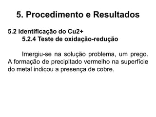 5. Procedimento e Resultados
5.2 Identificação do Cu2+
5.2.4 Teste de oxidação-redução
Imergiu-se na solução problema, um prego.
A formação de precipitado vermelho na superfície
do metal indicou a presença de cobre.
 