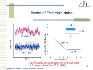 Alexander A. Balandin, University of California - Riverside
17
Basics of Electronic Noise
Low-frequency noise was discovered in vacuum tubes -
J. B. Johnson, Phys. Rev. 26, 71 (1925).
 