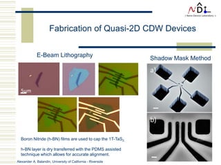 Alexander A. Balandin, University of California - Riverside
Fabrication of Quasi-2D CDW Devices
Boron Nitride (h-BN) films are used to cap the 1T-TaS2.
h-BN layer is dry transferred with the PDMS assisted
technique which allows for accurate alignment.
5μm
Shadow Mask Method
E-Beam Lithography
 