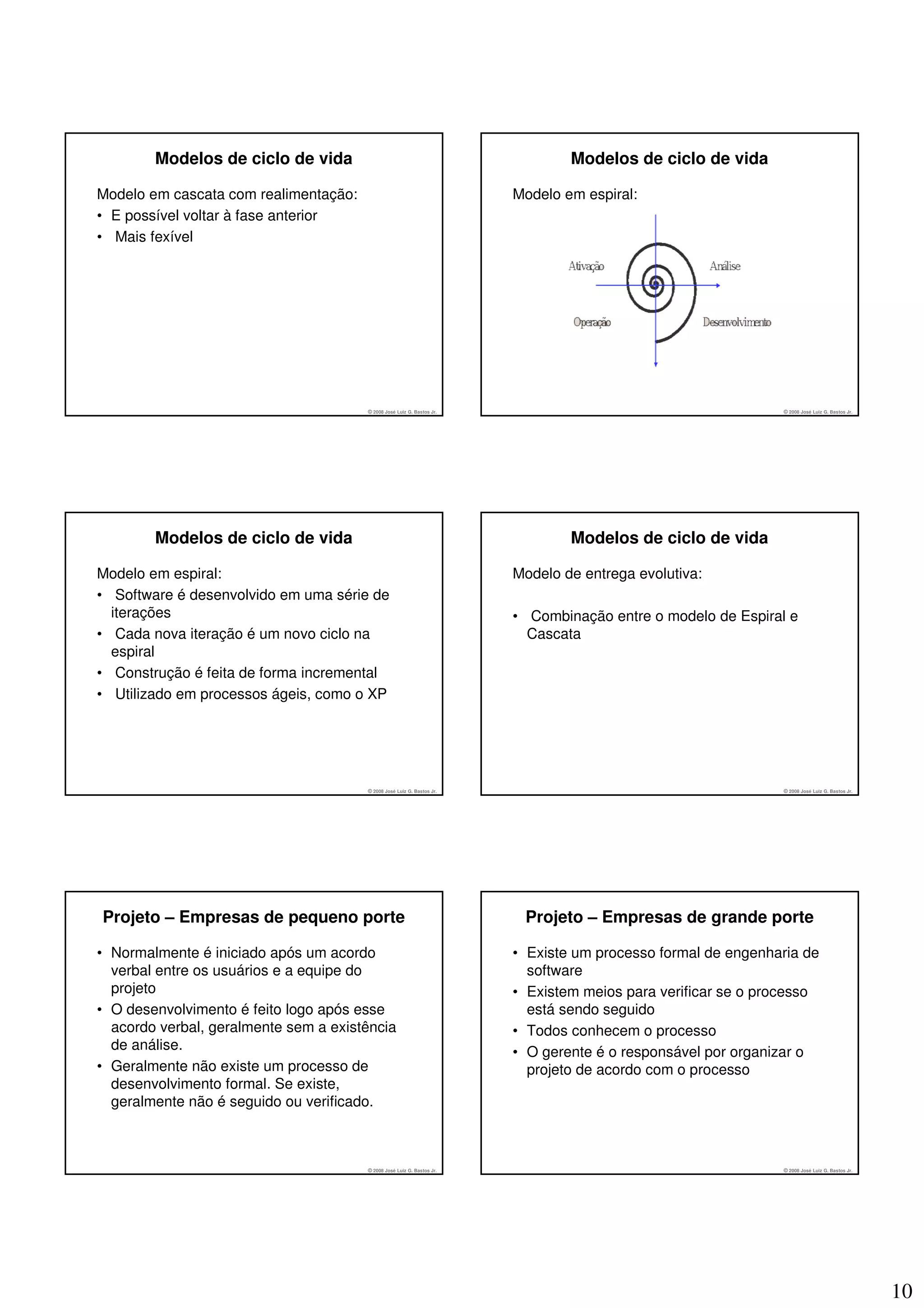 Modelos de ciclo de vida                                                Modelos de ciclo de vida

Modelo em cascata com realimentação:                                    Modelo em espiral:
• E possível voltar à fase anterior
• Mais fexível




                                       © 2008 José Luiz G. Bastos Jr.                                         © 2008 José Luiz G. Bastos Jr.




        Modelos de ciclo de vida                                                Modelos de ciclo de vida

Modelo em espiral:                                                      Modelo de entrega evolutiva:
• Software é desenvolvido em uma série de
  iterações                                                             • Combinação entre o modelo de Espiral e
• Cada nova iteração é um novo ciclo na                                   Cascata
  espiral
• Construção é feita de forma incremental
• Utilizado em processos ágeis, como o XP




                                       © 2008 José Luiz G. Bastos Jr.                                         © 2008 José Luiz G. Bastos Jr.




Projeto – Empresas de pequeno porte                                      Projeto – Empresas de grande porte

• Normalmente é iniciado após um acordo                                 • Existe um processo formal de engenharia de
  verbal entre os usuários e a equipe do                                  software
  projeto                                                               • Existem meios para verificar se o processo
• O desenvolvimento é feito logo após esse                                está sendo seguido
  acordo verbal, geralmente sem a existência                            • Todos conhecem o processo
  de análise.                                                           • O gerente é o responsável por organizar o
• Geralmente não existe um processo de                                    projeto de acordo com o processo
  desenvolvimento formal. Se existe,
  geralmente não é seguido ou verificado.



                                       © 2008 José Luiz G. Bastos Jr.                                         © 2008 José Luiz G. Bastos Jr.




                                                                                                                                               10
 