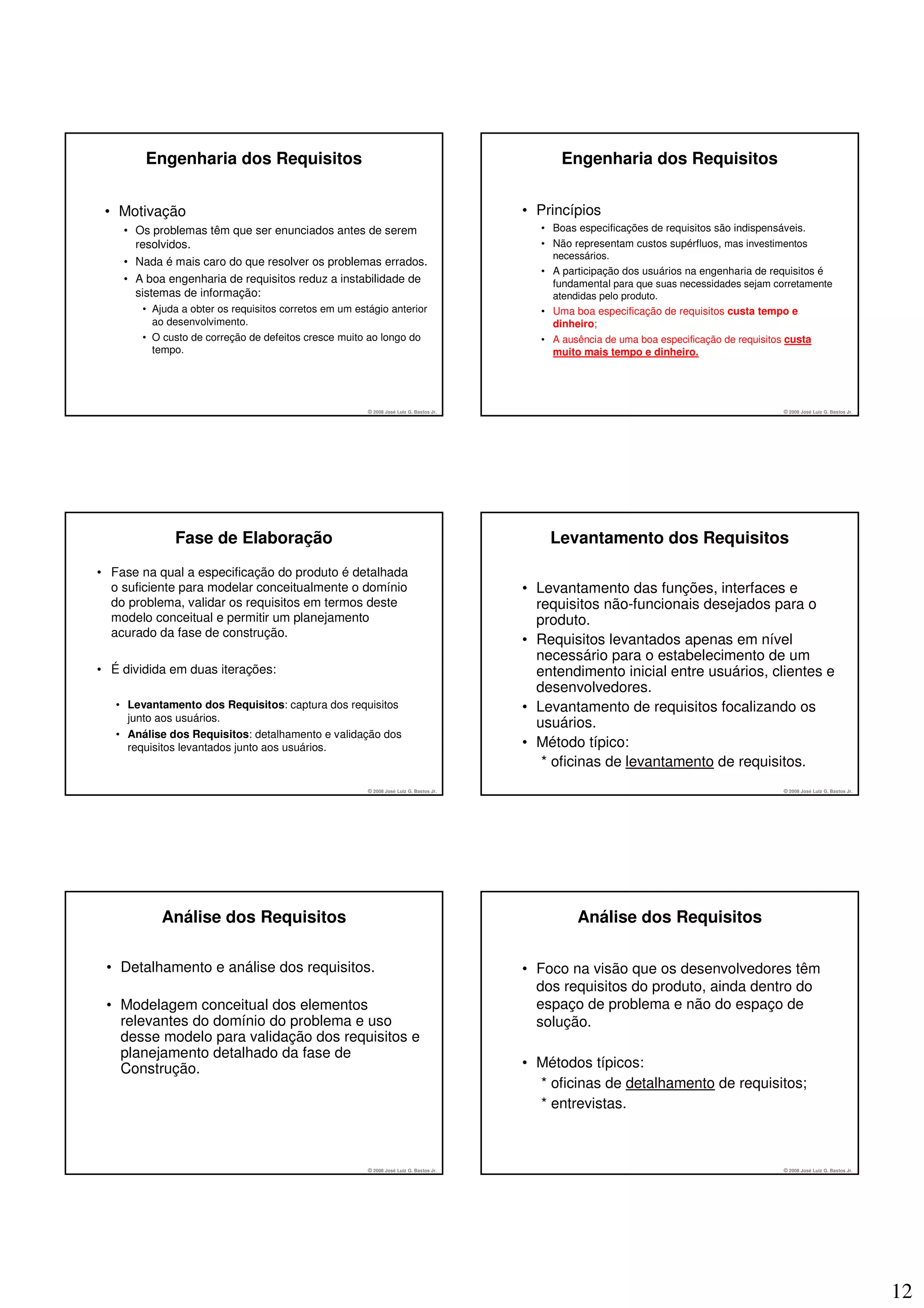 Engenharia dos Requisitos                                                              Engenharia dos Requisitos


 • Motivação                                                                             • Princípios
    • Os problemas têm que ser enunciados antes de serem                                   • Boas especificações de requisitos são indispensáveis.
      resolvidos.                                                                          • Não representam custos supérfluos, mas investimentos
                                                                                             necessários.
    • Nada é mais caro do que resolver os problemas errados.
                                                                                           • A participação dos usuários na engenharia de requisitos é
    • A boa engenharia de requisitos reduz a instabilidade de                                fundamental para que suas necessidades sejam corretamente
      sistemas de informação:                                                                atendidas pelo produto.
        • Ajuda a obter os requisitos corretos em um estágio anterior                      • Uma boa especificação de requisitos custa tempo e
          ao desenvolvimento.                                                                dinheiro;
        • O custo de correção de defeitos cresce muito ao longo do                         • A ausência de uma boa especificação de requisitos custa
          tempo.                                                                             muito mais tempo e dinheiro.




                                                        © 2008 José Luiz G. Bastos Jr.                                                        © 2008 José Luiz G. Bastos Jr.




              Fase de Elaboração                                                             Levantamento dos Requisitos
• Fase na qual a especificação do produto é detalhada
  o suficiente para modelar conceitualmente o domínio                                    • Levantamento das funções, interfaces e
  do problema, validar os requisitos em termos deste                                       requisitos não-funcionais desejados para o
  modelo conceitual e permitir um planejamento                                             produto.
  acurado da fase de construção.
                                                                                         • Requisitos levantados apenas em nível
                                                                                           necessário para o estabelecimento de um
• É dividida em duas iterações:                                                            entendimento inicial entre usuários, clientes e
                                                                                           desenvolvedores.
   • Levantamento dos Requisitos: captura dos requisitos                                 • Levantamento de requisitos focalizando os
     junto aos usuários.
                                                                                           usuários.
   • Análise dos Requisitos: detalhamento e validação dos
     requisitos levantados junto aos usuários.                                           • Método típico:
                                                                                            * oficinas de levantamento de requisitos.
                                                        © 2008 José Luiz G. Bastos Jr.                                                        © 2008 José Luiz G. Bastos Jr.




            Análise dos Requisitos                                                                Análise dos Requisitos

 • Detalhamento e análise dos requisitos.                                                • Foco na visão que os desenvolvedores têm
                                                                                           dos requisitos do produto, ainda dentro do
 • Modelagem conceitual dos elementos                                                      espaço de problema e não do espaço de
   relevantes do domínio do problema e uso                                                 solução.
   desse modelo para validação dos requisitos e
   planejamento detalhado da fase de
   Construção.                                                                           • Métodos típicos:
                                                                                           * oficinas de detalhamento de requisitos;
                                                                                           * entrevistas.



                                                        © 2008 José Luiz G. Bastos Jr.                                                        © 2008 José Luiz G. Bastos Jr.




                                                                                                                                                                               12
 