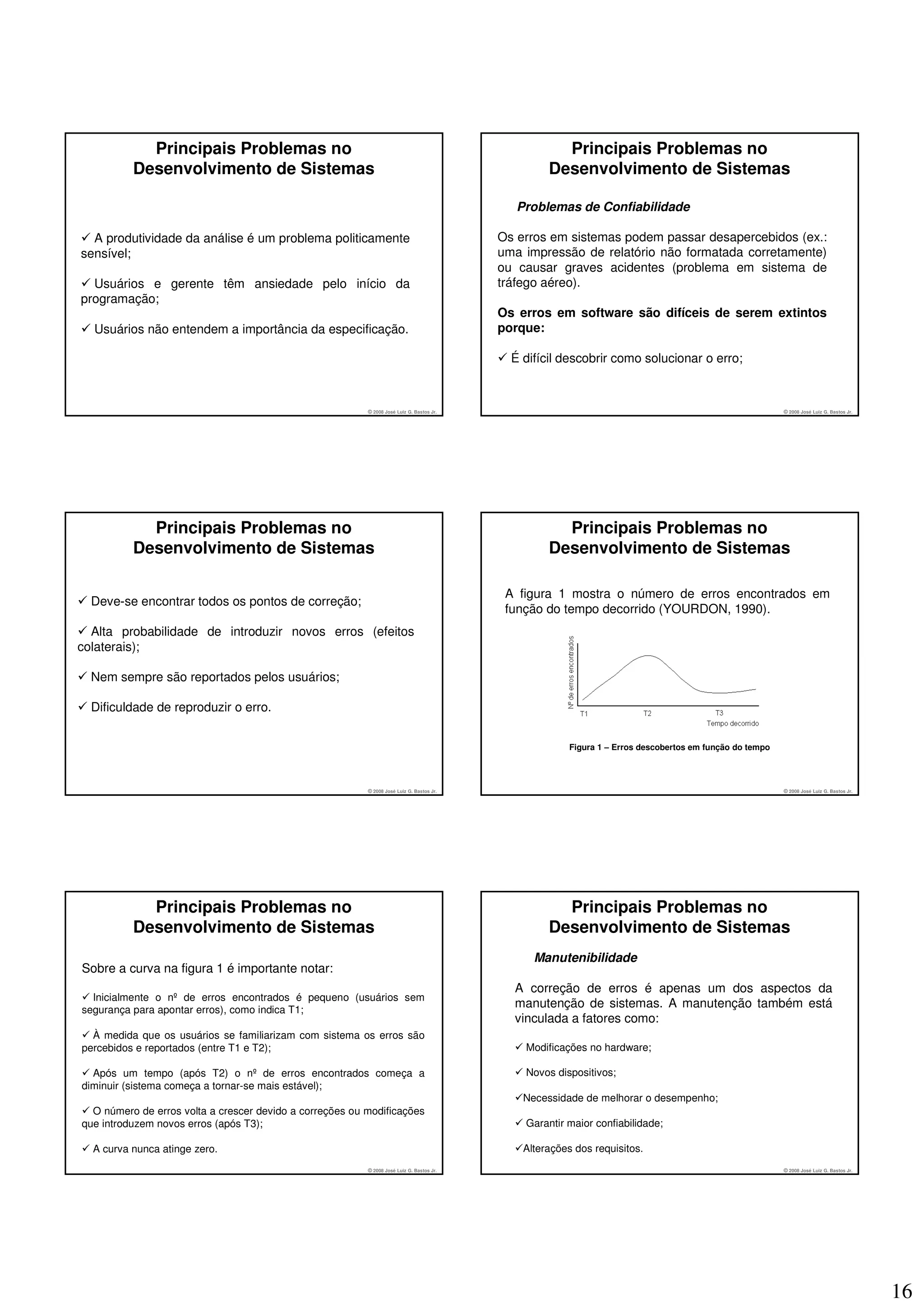 Principais Problemas no                                                                   Principais Problemas no
          Desenvolvimento de Sistemas                                                               Desenvolvimento de Sistemas

                                                                                              Problemas de Confiabilidade

  A produtividade da análise é um problema politicamente                                   Os erros em sistemas podem passar desapercebidos (ex.:
sensível;                                                                                  uma impressão de relatório não formatada corretamente)
                                                                                           ou causar graves acidentes (problema em sistema de
  Usuários e gerente têm ansiedade pelo início da                                          tráfego aéreo).
programação;
                                                                                           Os erros em software são difíceis de serem extintos
  Usuários não entendem a importância da especificação.                                    porque:

                                                                                             É difícil descobrir como solucionar o erro;



                                                          © 2008 José Luiz G. Bastos Jr.                                                                   © 2008 José Luiz G. Bastos Jr.




            Principais Problemas no                                                                   Principais Problemas no
          Desenvolvimento de Sistemas                                                               Desenvolvimento de Sistemas

                                                                                            A figura 1 mostra o número de erros encontrados em
  Deve-se encontrar todos os pontos de correção;
                                                                                            função do tempo decorrido (YOURDON, 1990).
  Alta probabilidade de introduzir novos erros (efeitos
colaterais);

  Nem sempre são reportados pelos usuários;

  Dificuldade de reproduzir o erro.


                                                                                                         Figura 1 – Erros descobertos em função do tempo




                                                          © 2008 José Luiz G. Bastos Jr.                                                                   © 2008 José Luiz G. Bastos Jr.




            Principais Problemas no                                                                   Principais Problemas no
          Desenvolvimento de Sistemas                                                               Desenvolvimento de Sistemas
                                                                                                 Manutenibilidade
Sobre a curva na figura 1 é importante notar:
                                                                                             A correção de erros é apenas um dos aspectos da
  Inicialmente o nº de erros encontrados é pequeno (usuários sem
segurança para apontar erros), como indica T1;
                                                                                             manutenção de sistemas. A manutenção também está
                                                                                             vinculada a fatores como:
  À medida que os usuários se familiarizam com sistema os erros são
percebidos e reportados (entre T1 e T2);                                                       Modificações no hardware;

  Após um tempo (após T2) o nº de erros encontrados começa a                                   Novos dispositivos;
diminuir (sistema começa a tornar-se mais estável);
                                                                                               Necessidade de melhorar o desempenho;
  O número de erros volta a crescer devido a correções ou modificações
que introduzem novos erros (após T3);                                                          Garantir maior confiabilidade;

  A curva nunca atinge zero.                                                                   Alterações dos requisitos.
                                                          © 2008 José Luiz G. Bastos Jr.                                                                   © 2008 José Luiz G. Bastos Jr.




                                                                                                                                                                                            16
 
