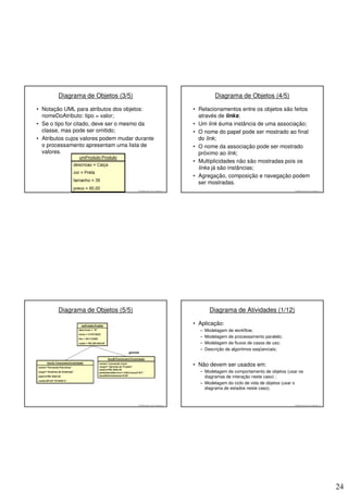 Diagrama de Objetos (3/5)                                                 Diagrama de Objetos (4/5)

• Notação UML para atributos dos objetos:                               • Relacionamentos entre os objetos são feitos
  nomeDoAtributo: tipo = valor;                                           através de links;
• Se o tipo for citado, deve ser o mesmo da                             • Um link éuma instância de uma associação;
  classe, mas pode ser omitido;                                         • O nome do papel pode ser mostrado ao final
• Atributos cujos valores podem mudar durante                             do link;
  o processamento apresentam uma lista de                               • O nome da associação pode ser mostrado
  valores.                                                                próximo ao link;
                                                                        • Multiplicidades não são mostradas pois os
                                                                          links já são instâncias;
                                                                        • Agregação, composição e navegação podem
                                                                          ser mostradas.
                                       © 2008 José Luiz G. Bastos Jr.                                                 © 2008 José Luiz G. Bastos Jr.




        Diagrama de Objetos (5/5)                                               Diagrama de Atividades (1/12)

                                                                        • Aplicação:
                                                                          –   Modelagem de workflow;
                                                                          –   Modelagem de processamento paralelo;
                                                                          –   Modelagem de fluxos de casos de uso;
                                                                          –   Descrição de algoritmos seqüenciais;


                                                                        • Não devem ser usados em:
                                                                          – Modelagem de comportamento de objetos (usar os
                                                                            diagramas de interação neste caso) ;
                                                                          – Modelagem do ciclo de vida de objetos (usar o
                                                                            diagrama de estados neste caso).


                                       © 2008 José Luiz G. Bastos Jr.                                                 © 2008 José Luiz G. Bastos Jr.




                                                                                                                                                       24
 