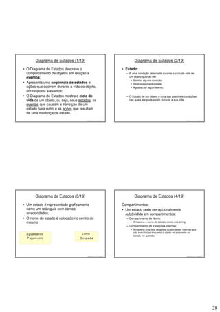 Diagrama de Estados (1/19)                                                Diagrama de Estados (2/19)

• O Diagrama de Estados descreve o                                       • Estado:
  comportamento de objetos em relação a                                    – É uma condição detectada durante o ciclo de vida de
  eventos;                                                                   um objeto quando ele:
                                                                              • Satisfaz alguma condição;
• Apresenta uma seqüência de estados e                                        • Realiza alguma atividade;
  ações que ocorrem durante a vida do objeto,                                 • Aguarda por algum evento;
  em resposta a eventos;
• O Diagrama de Estados mostra o ciclo de                                  – O Estado de um objeto é uma das possíveis condições
  vida de um objeto, ou seja, seus estados, os                               nas quais ele pode existir durante a sua vida.
  eventos que causam a transição de um
  estado para outro e as ações que resultam
  de uma mudança de estado.

                                        © 2008 José Luiz G. Bastos Jr.                                                        © 2008 José Luiz G. Bastos Jr.




       Diagrama de Estados (3/19)                                                Diagrama de Estados (4/19)

• Um estado é representado graficamente                                  Compartimentos:
  como um retângulo com cantos                                           • Um estado pode ser opcionalmente
  arredondados;                                                            subdividido em compartimentos:
• O nome do estado é colocado no centro do                                 – Compartimento de Nome:
  mesmo.                                                                      • Armazena o nome do estado, como uma string;
                                                                           – Compartimento de transições internas:
                                                                              • Armazena uma lista de ações ou atividades internas que
                                                                                são executadas enquanto o objeto se apresenta no
                                                                                estado em questão.




                                        © 2008 José Luiz G. Bastos Jr.                                                        © 2008 José Luiz G. Bastos Jr.




                                                                                                                                                               28
 