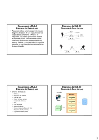 Diagramas da UML 2.0                                                    Diagramas da UML 2.0
         Diagrama de Caso de uso                                                 Diagrama de Caso de uso
• As características anteriores permitem que o
  diagrama de casos de uso seja utilizado nas
  etapas de Levantamento e Análise de
  Requisitos e que seja apresentado durante
  as reuniões iniciais com os clientes, como
  uma forma de ilustrar o comportamento do
  sistema, facilitar a compreensão dos usuários
  e auxiliar na identificação de possíveis falhas
  de especificação.



                                          © 2008 José Luiz G. Bastos Jr.                                   © 2008 José Luiz G. Bastos Jr.




          Diagramas da UML 2.0                                                    Diagramas da UML 2.0
         Diagrama de Caso de uso                                                 Diagrama de Caso de uso
• Ementa desta aula:                                                       SISTEMA:
  –   Sistema;
  –   Requisitos do Sistema;
  –   Caso de Uso;
  –   Fluxos do Caso de Uso;
  –   Fronteira do Sistema;
  –   Ator;
  –   Lista de Atores;
  –   Relacionamentos;
  –   Documentação de Casos de Uso;
  –   Requisitos Não Funcionais;
  –   Engenharia de Requisitos.

                                          © 2008 José Luiz G. Bastos Jr.                                   © 2008 José Luiz G. Bastos Jr.




                                                                                                                                            3
 