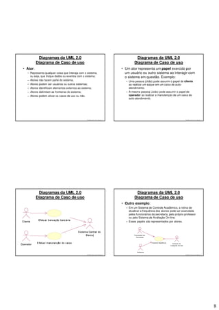 Diagramas da UML 2.0                                                            Diagramas da UML 2.0
          Diagrama de Caso de uso                                                         Diagrama de Caso de uso
• Ator:                                                                           • Um ator representa um papel exercido por
  – Representa qualquer coisa que interaja com o sistema,                           um usuário ou outro sistema ao interagir com
    ou seja, que troque dados ou eventos com o sistema;                             o sistema em questão. Exemplo:
  – Atores não fazem parte do sistema;                                              – Uma pessoa (João) pode assumir o papel de cliente
  – Atores podem ser usuários ou outros sistemas;                                     ao realizar um saque em um caixa de auto-
  – Atores identificam elementos externos ao sistema;                                 atendimento;
  – Atores delimitam as fronteiras do sistema;                                      – A mesma pessoa (João) pode assumir o papel de
  – Atores podem ativar os casos de uso ou não.                                       operador ao realizar a manutenção de um caixa de
                                                                                      auto-atendimento.




                                                 © 2008 José Luiz G. Bastos Jr.                                                      © 2008 José Luiz G. Bastos Jr.




           Diagramas da UML 2.0                                                            Diagramas da UML 2.0
          Diagrama de Caso de uso                                                         Diagrama de Caso de uso
                                                                                  • Outro exemplo:
                                                                                    – Em um Sistema de Controle Acadêmico, a rotina de
                                                                                      atualizar a frequência dos alunos pode ser executada
                                                                                      pelos funcionários da secretaria, pelo próprio professor
                                                                                      ou pelo Sistema de Avaliação On-line;
                                                                                    – Esses papéis são representados por atores.




                                                 © 2008 José Luiz G. Bastos Jr.                                                      © 2008 José Luiz G. Bastos Jr.




                                                                                                                                                                      8
 