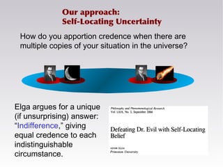 Our approach:
Self-Locating Uncertainty
How do you apportion credence when there are
multiple copies of your situation in the universe?
Elga argues for a unique
(if unsurprising) answer:
“Indifference,” giving
equal credence to each
indistinguishable
circumstance.
 