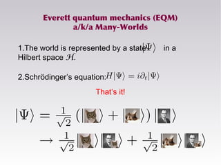 Everett quantum mechanics (EQM)
a/k/a Many-Worlds
1.The world is represented by a state in a
Hilbert space H.
2.Schrödinger’s equation:
That’s it!
 