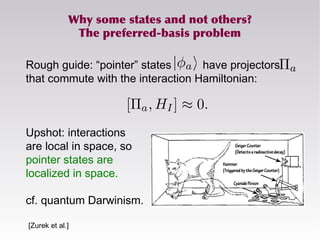Why some states and not others?
The preferred-basis problem
Rough guide: “pointer” states have projectors
that commute with the interaction Hamiltonian:
Upshot: interactions
are local in space, so
pointer states are
localized in space.
cf. quantum Darwinism.
[Zurek et al.]
 