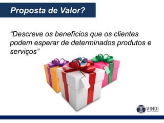 O modelo de negócios:Proposta de Valor?
“Descreve os benefícios que os clientes
podem esperar de determinados produtos e
serviços”
 