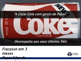 Ameaça da Pepsi:
“O sabor da nova geração”
O modelo de negócios:
New Coke: 1985
Fracasso em 3
meses
Pepsi líder de
E se a gente lançar um
produto com o sabor
similar ao da Pepsi?Desrespeito aos seus clientes fiéis
“A Coca-Cola com gosto de Pepsi”
 