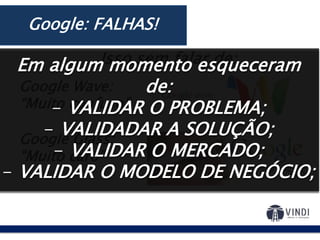 Google: FALHAS!
Google Wave:
“Muito confuso”
Isso sem falar de:
Google Glass:
“Muito caro”
Em algum momento esqueceram
de:
- VALIDAR O PROBLEMA;
- VALIDADAR A SOLUÇÃO;
- VALIDAR O MERCADO;
- VALIDAR O MODELO DE NEGÓCIO;
 