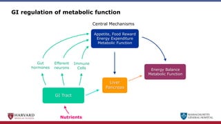 MASSACHUSETTS
GENERAL HOSPITAL
GI regulation of metabolic function
Energy Balance
Metabolic Function
Nutrients
GI Tract
Gut
hormones
Efferent
neurons
Immune
Cells
Appetite, Food Reward
Energy Expenditure
Metabolic Function
Central Mechanisms
Liver
Pancreas
 