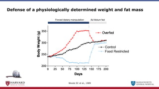 MASSACHUSETTS
GENERAL HOSPITAL
Defense of a physiologically determined weight and fat mass
Forced dietary manipulation Ad libitum fed
Woods SC et al., 1989
 
