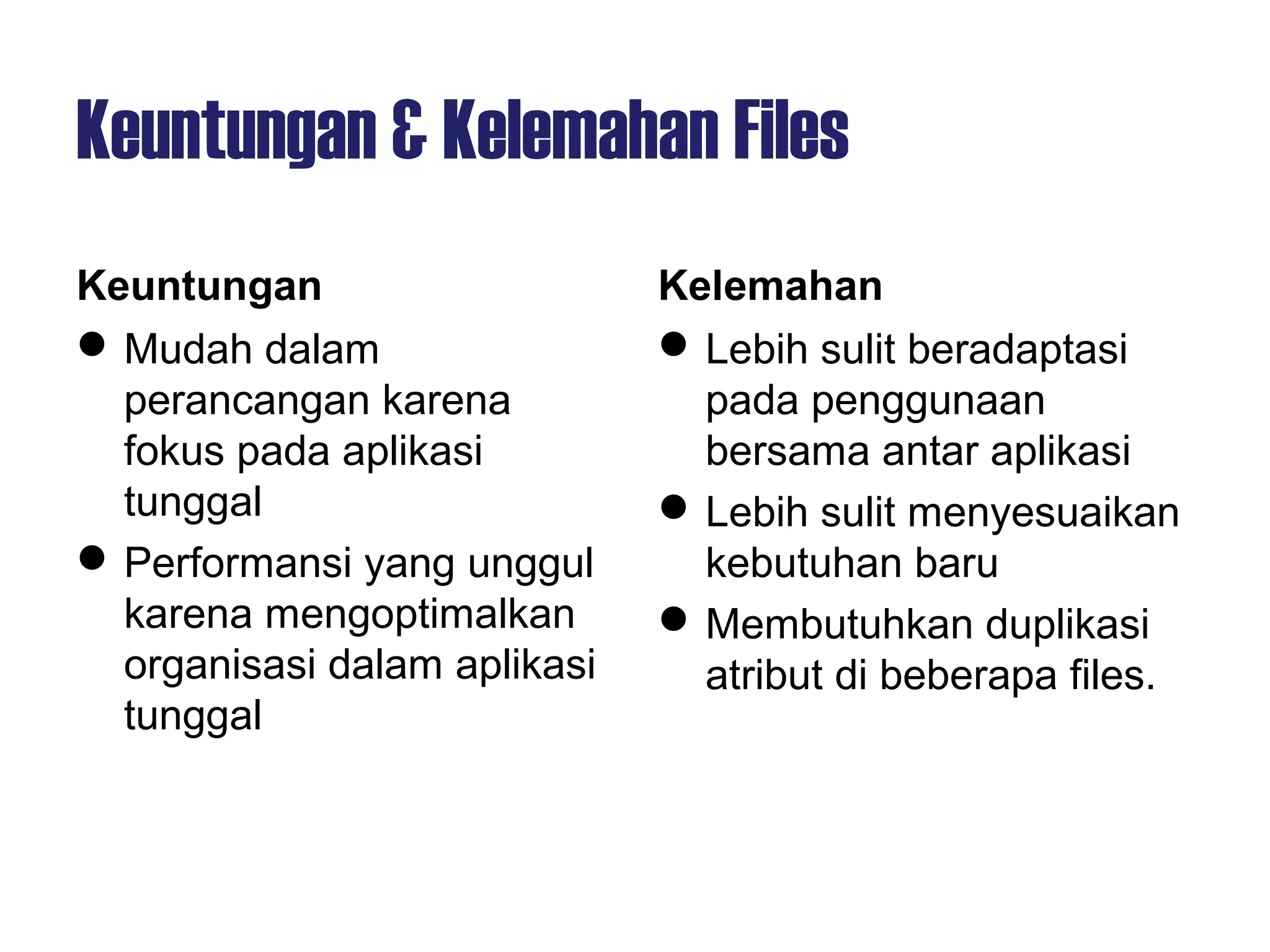 Keuntungan & Kelemahan Files
Keuntungan
Mudah dalam
perancangan karena
fokus pada aplikasi
tunggal
Performansi yang unggul
karena mengoptimalkan
organisasi dalam aplikasi
tunggal
Kelemahan
Lebih sulit beradaptasi
pada penggunaan
bersama antar aplikasi
Lebih sulit menyesuaikan
kebutuhan baru
Membutuhkan duplikasi
atribut di beberapa files.
 