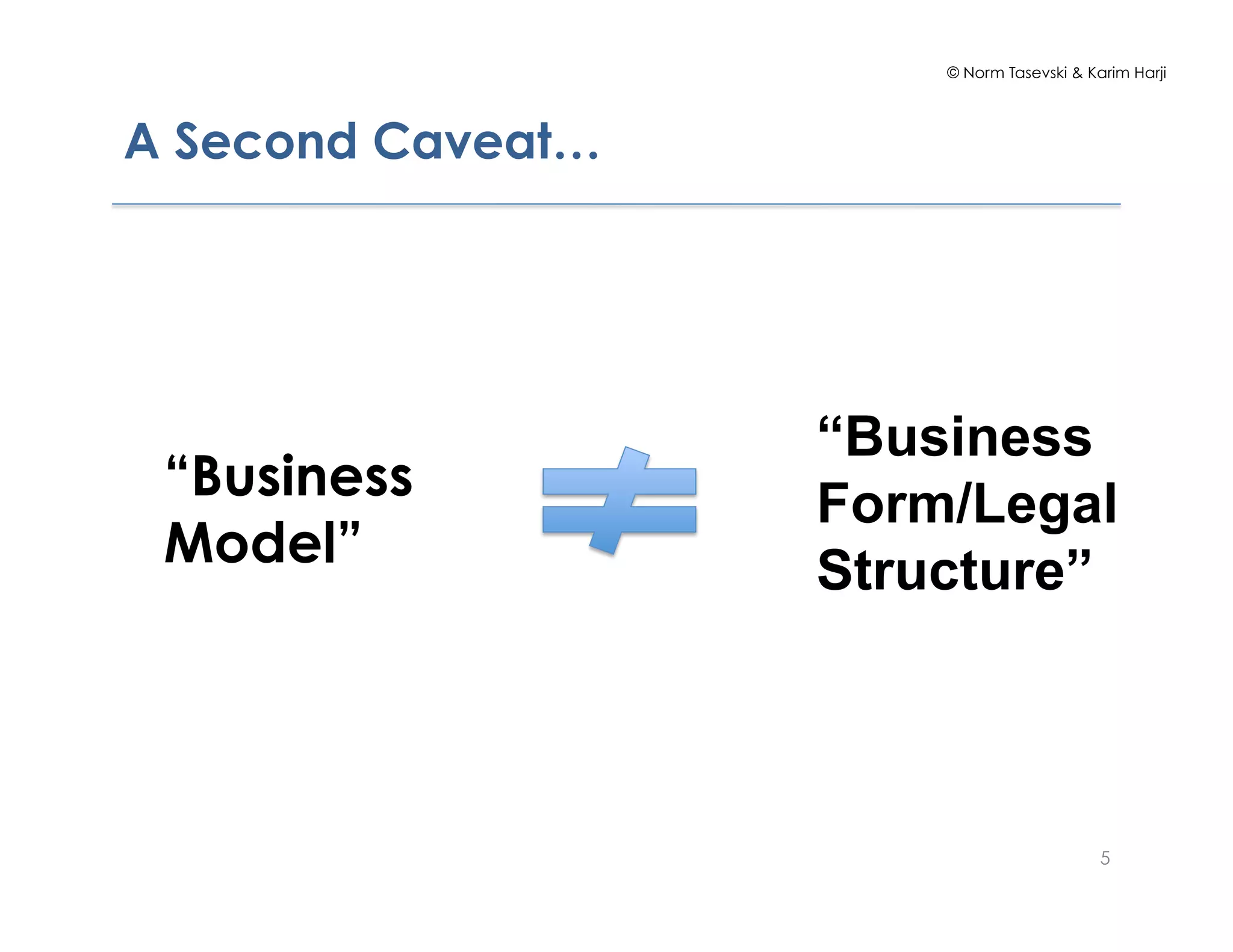 © Norm Tasevski & Karim Harji
5
A Second Caveat…
“Business
Model”
“Business
Form/Legal
Structure”
 