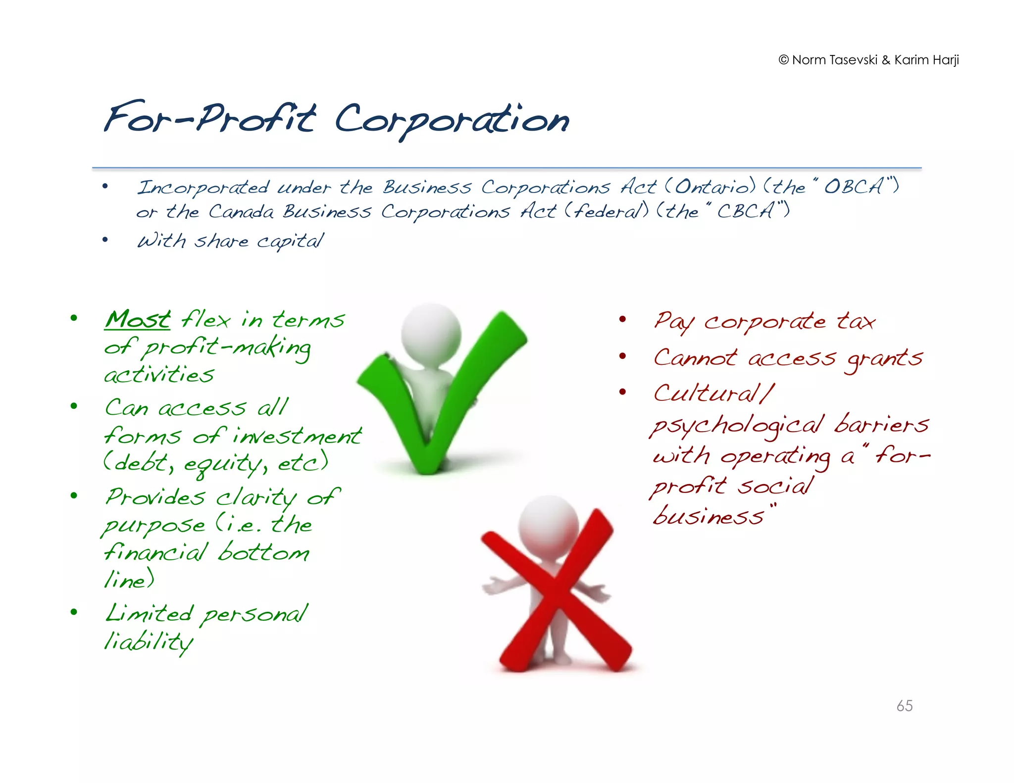 © Norm Tasevski & Karim Harji
For-Profit Corporation!
•  Incorporated under the Business Corporations Act (Ontario) (the “OBCA”)
or the Canada Business Corporations Act (federal) (the “CBCA”)!
•  With share capital!
65
•  Most flex in terms
of profit-making
activities!
•  Can access all
forms of investment
(debt, equity, etc)!
•  Provides clarity of
purpose (i.e. the
financial bottom
line)!
•  Limited personal
liability!
•  Pay corporate tax!
•  Cannot access grants!
•  Cultural/
psychological barriers
with operating a “for-
profit social
business”!
 