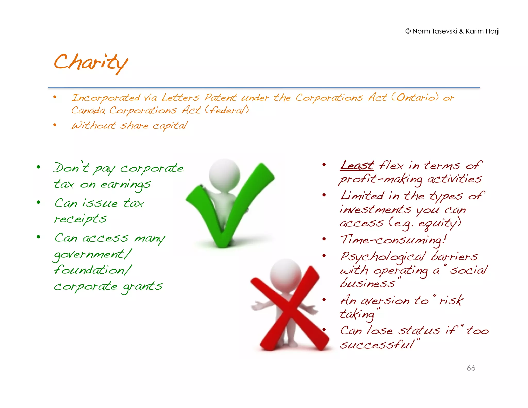 © Norm Tasevski & Karim Harji
Charity!
•  Incorporated via Letters Patent under the Corporations Act (Ontario) or
Canada Corporations Act (federal)!
•  Without share capital!
66
•  Don’t pay corporate
tax on earnings!
•  Can issue tax
receipts!
•  Can access many
government/
foundation/
corporate grants!
•  Least flex in terms of
profit-making activities!
•  Limited in the types of
investments you can
access (e.g. equity)!
•  Time-consuming!!
•  Psychological barriers
with operating a “social
business”!
•  An aversion to “risk
taking”!
•  Can lose status if “too
successful”!
 