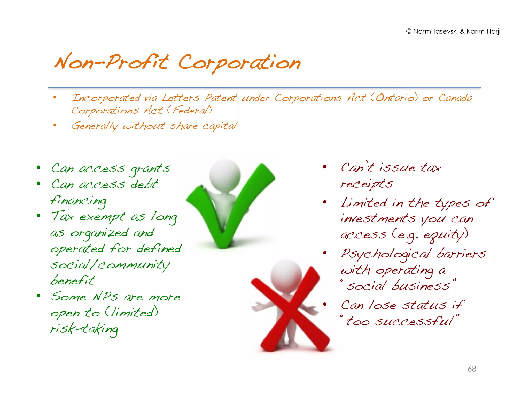 © Norm Tasevski & Karim Harji
Non-Profit Corporation!
•  Incorporated via Letters Patent under Corporations Act (Ontario) or Canada
Corporations Act (Federal)!
•  Generally without share capital!
68
•  Can access grants!
•  Can access debt
financing!
•  Tax exempt as long
as organized and
operated for defined
social/community
benefit!
•  Some NPs are more
open to (limited)
risk-taking!
•  Can’t issue tax
receipts!
•  Limited in the types of
investments you can
access (e.g. equity)!
•  Psychological barriers
with operating a
“social business” !
•  Can lose status if
“too successful”!
 