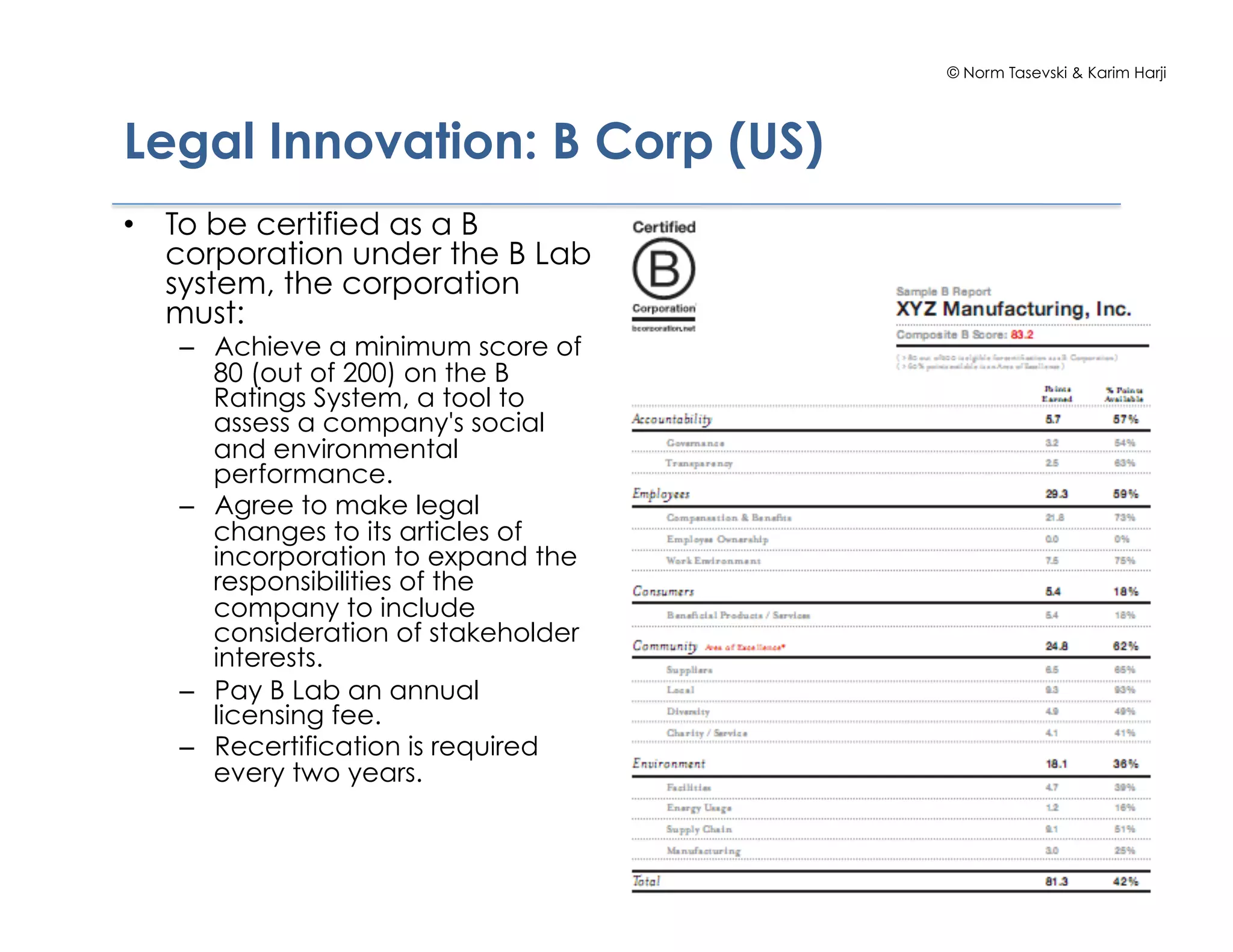 © Norm Tasevski & Karim Harji
Legal Innovation: B Corp (US)
•  To be certified as a B
corporation under the B Lab
system, the corporation
must:
–  Achieve a minimum score of
80 (out of 200) on the B
Ratings System, a tool to
assess a company's social
and environmental
performance.
–  Agree to make legal
changes to its articles of
incorporation to expand the
responsibilities of the
company to include
consideration of stakeholder
interests.
–  Pay B Lab an annual
licensing fee.
–  Recertification is required
every two years.
75
 