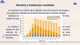 Alcohol y trastornos mentales
Un ejemplo muy notorio de la relación entre el consumo de drogas y
los trastornos mentales es el efecto del alcohol en nuestro cerebro.
Debemos recordar que el alcohol es una droga depresora. Por ello,
beber de manera abusiva puede producir
Un estado de aplanamiento afectivo, dificultad para tener un buen
estado de ánimo y, a la larga, puede asociarse a estados depresivos,
además de una notoria pérdida de memoria, dificultades para
concentrarse y episodios psicóticos en personas con predisposición a
sufrirlos.
 