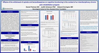 Effects of the withdrawal of opioids and benzodiazepines on cognitive functioning in the context of an interdisciplinary chronic
                                                                                                                                                                                                pain rehabilitation program
                                                                                            Daniel Fishman MA                                                                                             Judith Scheman PhD                                                                                                                                         Edward Covington MD
                                                                                                                            Neurological Center for Pain, Cleveland Clinic Foundation
                                                                                                                                                                                                                                                                                                                                                                                            Hierarchical Linear Regression continued                                                     ment. However, no significant difference was observed be-
                                                                        Measures: Study information was collected upon admission to and                                                                                                         Mixed 2-way ANOVA
                         Introduction                                   discharge from CPRP.                                                                                                                                                                                                                                                                                                                                                                                             tween groups dummy coded for admission opioid and ben-
                                                                                                                                                                                                                                                                                                                                                                                               Multiple Regression Analysis for ΔDSST by AMS, ΔPDI, ΔPI and ΔBDI

                                                                                                                                                                                        15-17                                                        Treatment Effects on DS & DSST
                                                                                                                                                                                                                                                                                                                                                                                                                                                                                         zodiazepine status. Recall that the patient’s admission medi-
   Numerous studies have demonstrated the efficacy of an in-            Mood: Assessed with the Beck Depression Inventory – II (BDI-II).                                                                                                                  (within subjects Mixed 2-way ANOVA)                                                                                       Independent Variable      B             Std. Error            Beta              t            p
                                                                                                                                                                                                                                                                                                                                                                        
                                                                                                                                                                                                                                                                                                                                                                                                                                                                                         cation status was dummy coded to represent neither opioids
terdisciplinary approach in the treatment of patients with in-                                                                                                                                                                                          10.27                                                        10.02                                                                  AMS              -0.34            0.218             -0.122            -1.565        0.120
                                                                        Cognitive Functioning: Assessed with Digit Span (DS) and Digit Sym-                                                                                            9.77                                                                                                                             

                                                                                                                                                                                                                                                                                                                                                                                                                                                                                         or benzodiazepine, opioids alone, benzodiazepines alone, or
tractable chronic pain and functional impairment. This ap-              bol Substitution Test (DSST). 10, 18
                                                                                                                                                                                                                                                                                           8.75
                                                                                                                                                                                                                                                                                                                                                                        
                                                                                                                                                                                                                                                                                                                                                                                            ΔPDI            -0.015            0.017             -0.082            -0.884        0.378
proach addresses multiple pathologies in this population,                                                                                                                                                                                                                                                                                                               
                                                                                                                                                                                                                                                                                                                                                                                                                                                                                         both classes of medication. Thus the lack of difference be-
                                                                                                                                                                                                                                                                                                                                                                                                             0.12             0.109               0.098           1.103         0.272
and thus incorporates medical, psychological, physical and              Pain Intensity (PI): Assessed via self-report on a 10 point Likert scale,
                                                                                                                                                                                                                                                                                                                                                                                            ΔPI
                                                                                                                                                                                                                                                                                                                                                                                                                                                                                         tween these groups in cognitive improvement strongly sug-
                             1-6                                                                                                                                                                                                                                                                                                                                                                            -0.077*           0.025             -0.257*           -3.014        0.003
occupational rehabilitation. Opioids and benzodiazepines                with 0 representing no pain and 10 representing the worst pain im-                                                                                                                                                                                                                                                  ΔBDI                                                                                         gests that these medications were not a significant cause of
are widely used in patients with chronic pain and may cause             aginable.
                                                                                                                                                                                                                                                                                                                                                                                                                                                                                         pre-treatment cognitive impairment.
significant undesired effects. It has been suggested that they                                                                                                                                                                         Digit Span Scaled Score
                                                                                                                                                                                                                                                                   Admission
                                                                                                                                                                                                                                                                                  Digit Symbol Substitution Scaled Score
                                                                                                                                                                                                                                                                               Discharge          *Error bars represent standard error of the mean (SEM)
                                                                                                                                                                                                                                                                                                                                                                                    R2 = 0.078; F(1,159) = 9.014 p=0.003

may not only impair overall functioning but also lead to im-            Pain Related Functioning: Assessed with the Pain Disability Index
                                                                        (PDI) which measures functional impairment secondary to pain
paired concentration. These impairments can be further ex-                                                                                                                                              Digit symbol substitution scaled score improvement was remarkably more pronounced                                                                                               Correlation Matrix and Descriptive Statistics for AMS, ΔPDI, ΔPI, ΔBDI and ΔDSST                Hierarchical Linear Regression Modeling (HLRM): The HLRM
                                                  7-13                  within 7 domains of daily living. Total scores range from 0 (no func-                                                                                                          -58
                                                                                                                                                                                                         than was digit symbol (F = 496.22, p = 4.31x10 vs F = 6.48, p = 0.012).
acerbated by the individual's emotional state.         Individuals      tional impairment) to 70 (total impairment).  19, 20                                                                                                                                                                                                                                                                                           ΔDSST             AMS              ΔPDI          ΔPI      ΔBDI
                                                                                                                                                                                                                                                                                                                                                                                                                                                                                         analyses demonstrate that mood change (ΔBDI) does predict
with chronic pain often experience depression that isolates                                                                                                                                             The use/discontinuation of opioids and benzodiazepines was not significantly associated
                                                                                                                                                                                                                                                                                                                                                                                                  ΔDSST
                                                                                                                                                                                                                                                                                                                                                                                                   AMS
                                                                                                                                                                                                                                                                                                                                                                                                                           1.000
                                                                                                                                                                                                                                                                                                                                                                                                                           -0.065         1.000                                          cognitive improvement (ΔDSST)
                                 1, 14
and further debilitates them.          Given the extensive affec-                                                                                                                                        with cognitive improvement.                                                                                                                                                               ΔPDI                    -0.127        -0.005           1.000

tive modulation produced by opioids and benzodiazepines, it                                        Analyses                                                                                                                                                                                                                                                                                         ΔPI
                                                                                                                                                                                                                                                                                                                                                                                                   ΔBDI
                                                                                                                                                                                                                                                                                                                                                                                                                           -0.006
                                                                                                                                                                                                                                                                                                                                                                                                                           -0.235
                                                                                                                                                                                                                                                                                                                                                                                                                                         -0.027
                                                                                                                                                                                                                                                                                                                                                                                                                                         -0.233
                                                                                                                                                                                                                                                                                                                                                                                                                                                          0.513
                                                                                                                                                                                                                                                                                                                                                                                                                                                          0.373
                                                                                                                                                                                                                                                                                                                                                                                                                                                                        1.000
                                                                                                                                                                                                                                                                                                                                                                                                                                                                        0.251    1.000

is important to determine their contributions to the patient’s          Admission medication status (AMS) was dummy coded to reflect
                                                                                                                                                                                                        Within-subjects contrast analysis demonstrated little crossover between treatment and
                                                                                                                                                                                                                                                                                                                                                                                    Mean                                   1.17          2.09            -27.70         -2.70   -13.78
                                                                                                                                                                                                                                                                                                                                                                                                                                                                                         We, therefore, conclude that cognitive inefficiencies
                                                                                                                                                                                                         AMS (DS*AMS: F = 0.77, p = 0.51; DSST*AMS: F = 0.44, p = 0.72).
function and dysfunction, and to distinguish this from the                                                                                                                                                                                                                                                                                                                          Standard Deviation                     3.00          1.08             16.19          2.44    9.95
                                                                                                                                                                                                                                                                                                                                                                                                                                                                                         seen in chronic pain patients may be less a conse-
                                                                        presence of opioids, benzodiazepines, neither, or both.
effects of mood disorder. It was hypothesized that CPRP
                                                                                                                                                                                                                                      Hierarchical Linear Regression                                                                                                                Note: N = 166. ΔDSST is the dependent variable. The correlation between ΔBDI and ΔDSST is
                                                                                                                                                                                                                                                                                                                                                                                                                                                                                         quence of sedating drugs than of comorbid mood
treatment would lead to improved cognition, and that this                                                                                                                                                                                                                                                                                                                           significant at p =0.001. No other correlations were found to be statistically significant
                                                                        Paired samples t-tests were used to compare admission and dis-
benefit would be primarily in those in whom benzodiaze-                                                                                                                                                                 Correlation Matrix and Descriptive Statistics for AMS, ΔPDI, ΔPI, ΔBDI and ΔDS                                                                                                                                                                                  disorder.
                                                                        charge scores of pain (PI), mood (BDI), and functioning (PDI).
pines and opioids were eliminated.                                                                                                                                                                                                                               ΔDS            AMS                  ΔPDI                         ΔPI                      ΔBDI
                                                                                                                                                                                                                                                                                                                                                                           The overall model generated with AMS, ΔBDI, ΔPDI, & ΔPI as IVs predicting ΔDSST was
                                                                                                                                                                                                                               ΔDS                               1.000
                                                                                                                                                                                                                                                                                                                                                                            found to account for 7.8% of the variance in ΔDSST (R2 = 0.078; F(1,159) = 9.014
                                                                        Mixed 2-way ANOVA analysis was employed to
                                                                                                                                                                                                                               AMS                               -0.117        1.000
                                                                                                                                                                                                                                                                                                                                                                            p=0.003).                                                                                                                                                    References
                            Objective                                   1. compare pre- and post-treatment scores for DS and DSST
                                                                                                                                                                                                                               ΔPDI
                                                                                                                                                                                                                                ΔPI
                                                                                                                                                                                                                                                                 0.067
                                                                                                                                                                                                                                                                 -0.039
                                                                                                                                                                                                                                                                               -0.004
                                                                                                                                                                                                                                                                               -0.026
                                                                                                                                                                                                                                                                                                    1.000
                                                                                                                                                                                                                                                                                                    0.509                       1.000
                                                                                                                                                                                                                                                                                                                                                                           Mood (ΔBDI) was found to have a statistically significant, indirect relationship with
                                                                                                                                                                                                                               ΔBDI                              -0.076        -0.235               0.388                       0.270                      1.000
                                                                                                                                                                                                                                                                                                                                                                            cognitive function (ΔDSST; beta = -0.257, t(159) = -3.002, p = 0.003).                                       1. Adams N, Poole H, Richardson C. Psychological approaches to chronic pain management: part 1. J Clin Nurs. 2006;15(3):290–
                                                                        2. Compare cognitive changes in those taking and not taking opi-                                                                                                                                                                                                                                                                                                                                                 300.

               To examine the relationships of:                          oids/BZs on admission                                                                                                                   Mean                                            0.41           2.09                -27.80                      -2.71                      -13.68          AMS was NOT found to significantly predict ΔDSST.
                                                                                                                                                                                                                                                                                                                                                                                                                                                                                         2. Andrasik F, Flor H, Turk DC. An expanded view of psychological aspects in head pain: the biopsychosocial model. Neurol Sci.
                                                                                                                                                                                                                                                                                                                                                                                                                                                                                         2005;26 Suppl 2:s87–91.
                                                                                                                                                                                                                 Standard Deviation                              2.75           1.08                16.10                        2.43                      9.90                                                                                                                          3. Andrasik F, Rime C. Can behavioural therapy influence neuromodulation? Neurol Sci. 2007;28 Suppl 2:S124–9.
                 1) opioids/benzodiazepines                                                                                                                                                                                                                                                                                                                                                                                                                                              4. Currie SR, Hodgins DC, Crabtree A, Jacobi J, Armstrong S. Outcome from integrated pain management treatment for recovering
                                                                                                                                                                                                                   Note: N = 165. ΔDS is the dependent variable. None of the correlations were found to be                                                                                                                                                                               substance abusers. J Pain. 2003;4(2):91–100.
                           2) mood                                      A Hierarchical linear regression model was then used to determine                                                                                                                   statistically significant.
                                                                                                                                                                                                                                                                                                                                                                                                                                                                                         5. Karjalainen K, Malmivaara A, van Tulder M, et al. Multidisciplinary biopsychosocial rehabilitation for subacute low back pain
                                                                                                                                                                                                                                                                                                                                                                                                                                                                                         among working age adults. Cochrane Database Syst Rev. 2003;(2):CD002193.

                     to cognitive function                              the extent to which admission medication use vs change in mood                                                                                                                                                                                                                                                                               Discussion                                                          6. Lemstra M, Olszynski WP. The effectiveness of multidisciplinary rehabilitation in the treatment of fibromyalgia: a randomized
                                                                                                                                                                                                                                                                                                                                                                                                                                                                                         controlled trial. Clin J Pain. 2005;21(2):166–74.
                                                                        predicted cognitive gains while controlling for pain and function                                                                                                                                                                                                                                                                                                                                                7. Deshpande A, Furlan A, Mailis-Gagnon A, Atlas S, Turk D. Opioids for chronic low-back pain. Cochrane Database Syst Rev. 2007;
                                                                                                                                                                                                                                                                                                                                                                                                                                                                                         (3):CD004959.
                                                                                                                                                                                                                              Multiple Regression Analysis for ΔDS by AMS, ΔPDI, ΔPI and ΔBDI                                                                                                                                                                                            8. Dunbar SA, Katz NP. Chronic opioid therapy for nonmalignant pain in patients with a history of substance abuse: report of 20 cas-
                            Methods                                     (ΔPDI & ΔPI).                                                                                                                                                                                                                                                                                   Paired Sample t-tests: The paired t-test analyses demon-                                                         es. J Pain Symptom Manage. 1996;11(3):163–171.
                                                                                                                                                                                                                                                                                                                                                                                                                                                                                         9. Gilson AM, Joranson DE. Controlled substances and pain management: changes in knowledge and attitudes of state medical reg-

                                                                                                                                                                                                                        Independent Variable                       B           Std. Error                 Beta                              b                  p        strated significant change in BDI, PDI and PI with treatment.                                                    ulators. J Pain Symptom Manage. 2001;21(3):227–237.
                                                                                                                                                                                                                                                                                                                                                                                                                                                                                         10. Jamison RN, Schein JR, Vallow S, et al. Neuropsychological effects of long-term opioid use in chronic pain patients. J Pain Symp-
Participants: A convenience sample of 225 patients who completed
treatment as well as follow-up in the Cleveland Clinic Chronic Pain
                                                                                                     Results                                                                                                                                                                                                                                                            Mood, function, and pain intensity are arguably the most                                                         tom Manage. 2003;26(4):913–21.
                                                                                                                                                                                                                                                                                                                                                                                                                                                                                         11. Martell BA, O’Connor PG, Kerns RD, et al. Systematic review: opioid treatment for chronic back pain: prevalence, efficacy, and
                                                                                                                                                                                                                               AMS                               -0.395          0.203                  -0.155                        -1.945                 0.054                                                                                                                       association with addiction. Ann. Intern. Med. 2007;146(2):116–127.
Rehabilitation Program (CCCPRP) during the 1999 calendar year.                                                                                                                                                                                                                                                                                                          salient outcome measures in the treatment of chronic pain.                                                       12. Mintzer MZ, Stitzer ML. Cognitive impairment in methadone maintenance patients. Drug Alcohol Depend. 2002;67(1):41–51.
                                                                                                Paired Sample t-test                                                                                                           ΔPDI                              0.029           0.016                   0.171                         1.811                 0.072
                                                                                                                                                                                                                                                                                                                                                                                                                                                                                         13. Nedeljkovic SS, Wasan A, Jamison RN. Assessment of efficacy of long-term opioid therapy in pain patients with substance abuse
                                                                                                                                                                                                                                                                                                                                                                        These analyses demonstrate significant benefit of the CPRP                                                       potential. Clin J Pain. 2002;18(4 Suppl):S39–51.
                68% Female with a mean age of 47 years
                
                                                                                                                                                                                                                                ΔPI                               -0.1           0.102                  -0.089                        -0.982                 0.328
                                                                                                                                                                                                                                                                                                                                                                                                                                                                                         14. Rome JD, Townsend CO, Bruce BK, et al. Chronic noncancer pain rehabilitation with opioid withdrawal: comparison of treat-

         Range of duration of pain of 1 – 49 years (Mean = 9.5y)                                                                                                                                                                                                                                                                                                       treatment model.                                                                                                 ment outcomes based on opioid use status at admission. Mayo Clin. Proc. 2004;79(6):759–768.
                                                                                                                                                                                                                                                                                                                                                                                                                                                                                         15. Cohen A. The underlying structure of the Beck Depression Inventory II: A multidimensional scaling approach. Journal of Re-
                                                                                                                 BDI: t (214) = 20.23, p < 0.001                                                                                                                                                                                                                                                                                                                                         search in Personality. 2008;42(3):779–786.
                                                                                                                                                                                                                               ΔBDI                              -0.043          0.024                  -0.155                        -1.783                 0.077
                                                                                                                                                                                                                                                                                                                                                                                                                                                                                         16. Lee EJ, Kim JB, Shin IH, et al. Current Use of Depression Rating Scales in Mental Health Setting. Psychiatry Investig. 2010;7
                                                                                                                 PDI: t (172) = 21.92, p < 0.001
Treatment: 3-4 week intensive (all-day) outpatient, interdisciplinary                                            PI: t (201) = 16.02, p < 0.001
                                                                                                                                                                                                                                                                                                                                                                                                                                                                                         (3):170–176.
                                                                                                                                                                                                                                                                                                                                                                                                                                                                                         17. Segal DL, Coolidge FL, Cahill BS, O’Riley AA. Psychometric properties of the Beck Depression Inventory-II (BDI-II) among com-
treatment program including: occupational therapy, physical therapy,                                                                                                                                             R2 = 0.045; F(1,160) = 3.178 p=0.077                                                                                                                   Mixed-2-Way ANOVA: The ANOVA analyses demonstrated                                                               munity-dwelling older adults. Behavior Modification. 2008;32(1):3–20.
                                                                                                                                                                                                                                                                                                                                                                                                                                                                                         18. Kurita GP, de Mattos Pimenta CA. Cognitive impairment in cancer pain patients receiving opioids: a pilot study. Cancer Nurs. 31
relaxation training, psychophysiological pain and stress management,                                                                                                                                                                                                                                                                                                    that treatment in the CPRP resulted in significant improve-                                                      (1):49–57.
                                                                                                                                                                                                                                                                                                                                                                                                                                                                                         19. Chibnall JT, Tait RC. The Pain Disability Index: factor structure and normative data. Archives of Physical Medicine and Rehabilita-
group and individual psychotherapy as well as medication manage-                                                                                                                                         Digit span improvement was not significantly predicted by admission medication use,
                                                                                                                                                                                                                                                                                                                                                                                                                                                                                         tion. 1994;75(10):1082–6.

ment including weaning from all addictive substances.
                                                                                                                                                                                                     
                                                                                                                                                                                                                                                                                                                                                                        ment in cognitive functioning. Furthermore, DSST was                                                             20. Tait RC, Pollard CA, Margolis RB, Duckro PN, Krause SJ. The Pain Disability Index: psychometric and validity data. Archives of
                                                                                                                                                                                                         depression, function, or pain intensity. (AMS, ΔBDI, ΔPDI, & ΔPI)                                                                                                                                                                                                               Physical Medicine and Rehabilitation. 1987;68(7):438–41

                                                                                                                               *Error bars represent standard error of the mean (SEM)
                                                                                                                                                                                                                                                                                                                                                                        shown to be more sensitive to change resulting from treat-
 
