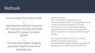 Methods
Atom positions from classical MD
↓
Parameterize model by computing
DFT electronic structure and using
Wannier90 to...