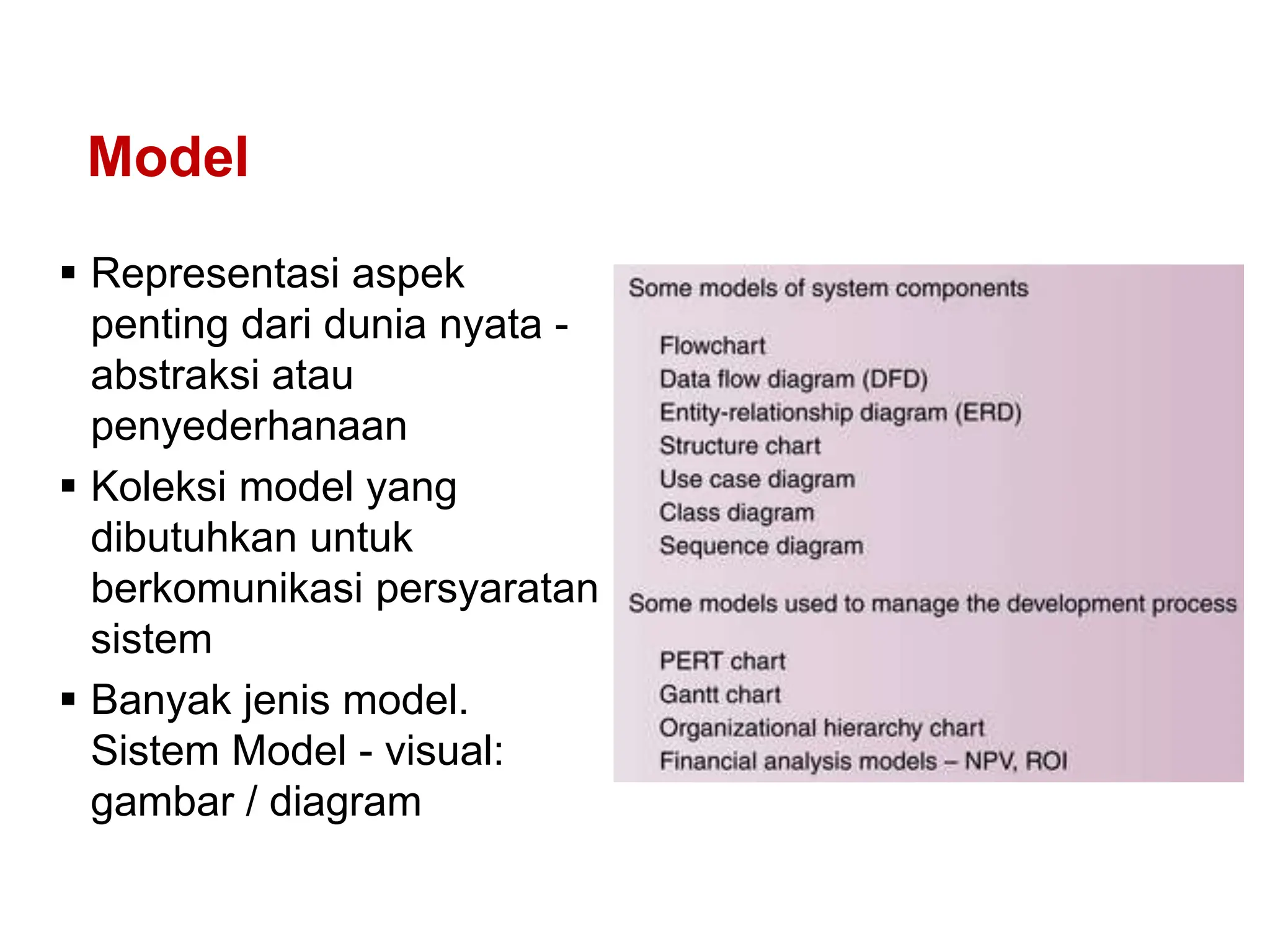 Model
 Representasi aspek
penting dari dunia nyata -
abstraksi atau
penyederhanaan
 Koleksi model yang
dibutuhkan untuk
berkomunikasi persyaratan
sistem
 Banyak jenis model.
Sistem Model - visual:
gambar / diagram
 