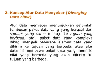 2. Konsep Alur Data Menyebar (Diverging
Data Flow)
Alur data menyebar menunjukkan sejumlah
tembusan paket data yang yang berasal dari
sumber yang sama menuju ke tujuan yang
berbeda, atau paket data yang kompleks
dibagi menjadi beberapa elemen data yang
dikirim ke tujuan yang berbeda, atau alur
data ini membawa paket data yang memiliki
nilai yang berbeda yang akan dikirim ke
tujuan yang berbeda.
 