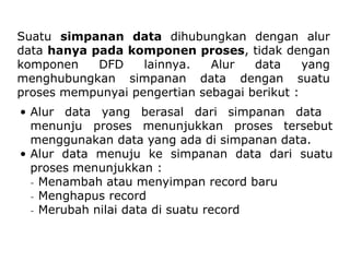Suatu simpanan data dihubungkan dengan alur
data hanya pada komponen proses, tidak dengan
komponen DFD lainnya. Alur data yang
menghubungkan simpanan data dengan suatu
proses mempunyai pengertian sebagai berikut :
• Alur data yang berasal dari simpanan data
menunju proses menunjukkan proses tersebut
menggunakan data yang ada di simpanan data.
• Alur data menuju ke simpanan data dari suatu
proses menunjukkan :
₋ Menambah atau menyimpan record baru
₋ Menghapus record
₋ Merubah nilai data di suatu record
 