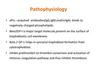 Pathophysiology
• aPLs –acquired antibodies(IgG,IgM,and/orIgA) -binds to
negatively charged phospholipids.
• Beta2GP-I is major target molecule,present on the surface of
trophoblastic cell membrane.
• Beta 2 GP-1 helps in syncytial trophoblast formation from
cytotrophoblast.
• Inhibit prothrombin to thrombin conversion and activation of
intrensic coagulation pathway and thus inhibits thrombosis.
 