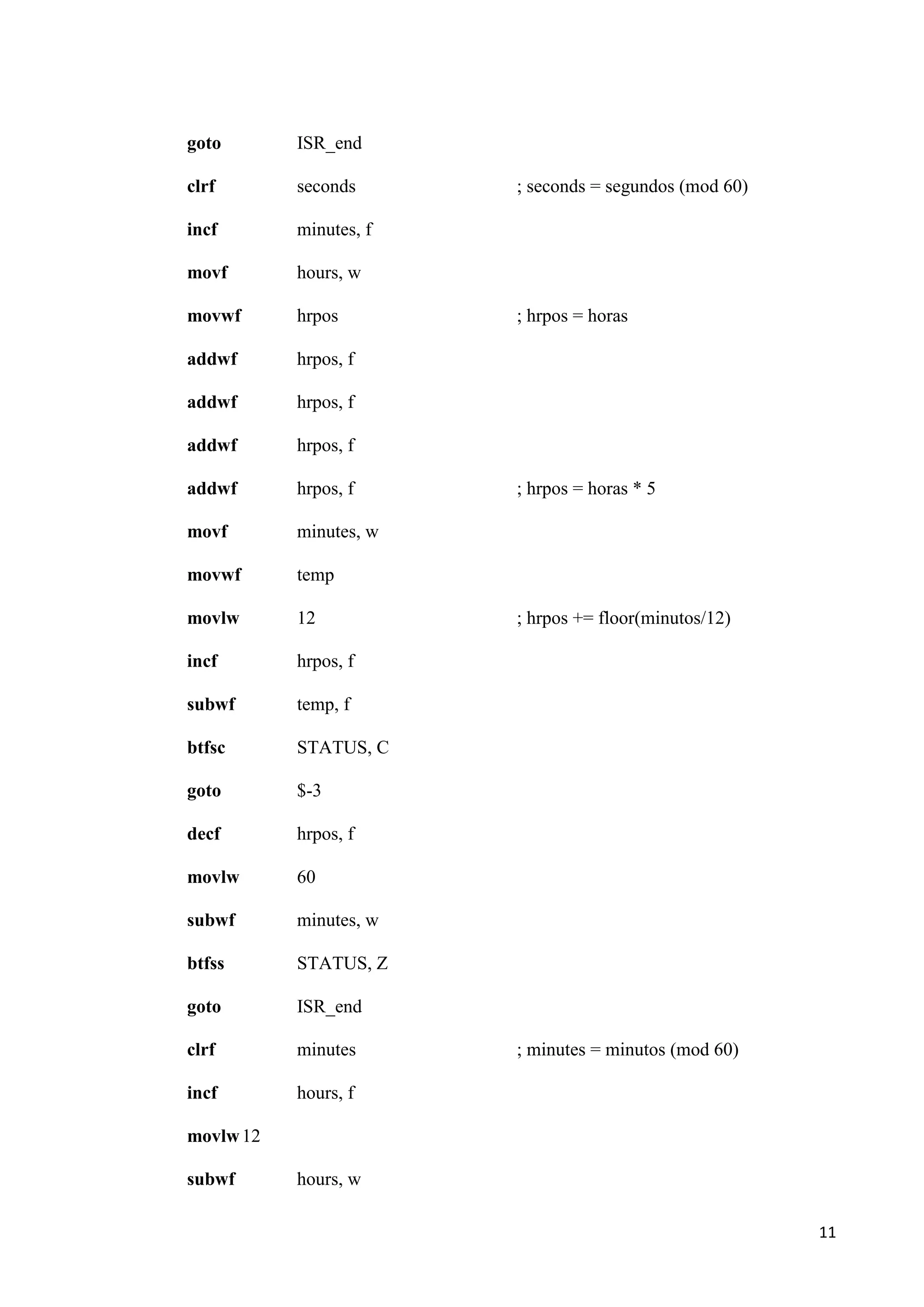 goto

ISR_end

clrf

seconds

incf

minutes, f

movf

hours, w

movwf

hrpos

addwf

hrpos, f

addwf

hrpos, f

addwf

hrpos, f

addwf

hrpos, f

movf

minutes, w

movwf

temp

movlw

12

incf

hrpos, f

subwf

temp, f

btfsc

STATUS, C

goto

$-3

decf

hrpos, f

movlw

60

subwf

minutes, w

btfss

STATUS, Z

goto

ISR_end

clrf

minutes

incf

hours, f

; seconds = segundos (mod 60)

; hrpos = horas

; hrpos = horas * 5

; hrpos += floor(minutos/12)

; minutes = minutos (mod 60)

movlw 12
subwf

hours, w
11

 