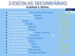 ÍNDICE 
E.S. Alfredo dos Reis, Torre da Marinha, Seixal      site     ATRÁS 
E.S. Anselmo de Andrade, Almada                      site   slide
E.S. António Gedeão, Feijó, Almada                   site   slide
E.S. da Amora, Seixal                                site   slide
E.S. Cacilhas Tejo, Almada                           site   slide
E.S. Daniel Sampaio, Sobreda                        site    slide
E.S. Emídio Navarro, Almada                         site    slide
E.S. Fernão Mendes Pinto, Pragal, Almada            site    slide
E.S. Francisco Simões, Laranjeiro            site   1 2     slide
E.S. João de Barros, Corroios, Seixal               site    slide
E.S. Dr. José Afonso, Seixal                        site
E.S. Manuel Cargaleiro, Seixal                      site    slide
E.S. Monte da Caparica, Almada                       site   slide
E.S. Romeu Correia, Feijó, Almada                   site    slide
E.S. Ruy Luis Gomes, Miratejo, Almada               site    slide
                                                                    17
 