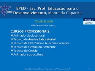 Ver site da escola                                       ÍNDICE 
                                                                                   ATRÁS
                   Oferta formativa 2012-13

CURSOS PROFISSIONAIS:
Animador Sociocultural
Técnico de Análise Laboratorial
Técnico de Eletrónica e Telecomunicações
Técnico de Gestão do Ambiente
Técnico de Gestão
Animador sociocultural



          Escola Básica Vale de Milhaços – Projeto Comenius “Windows on Europe”      33
 
