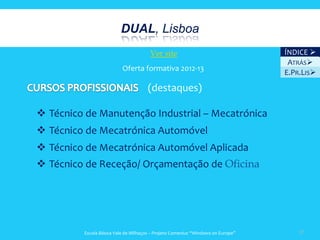 DUAL, Lisboa
                                       Ver site                                  ÍNDICE 
                                                                                  ATRÁS
                          Oferta formativa 2012-13
                                                                                 E.PR.LIS

                                     (destaques)

 Técnico de Manutenção Industrial – Mecatrónica
 Técnico de Mecatrónica Automóvel
 Técnico de Mecatrónica Automóvel Aplicada
 Técnico de Receção/ Orçamentação de Oficina




         Escola Básica Vale de Milhaços – Projeto Comenius “Windows on Europe”       37
 