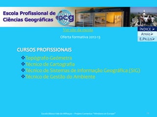Ver site da escola                                   ÍNDICE 
                                                                                 ATRÁS
                         Oferta formativa 2012-13
                                                                                E.PR.LIS



Topógrafo-Geómetra
Técnico de Cartografia
Técnico de Sistemas de informação Geográfica (SIG)
Técnico de Gestão do Ambiente




        Escola Básica Vale de Milhaços – Projeto Comenius “Windows on Europe”       39
 