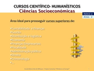ÍNDICE 
                                                                                  ATRÁS 
Área ideal para prosseguir cursos superiores de:

Contabilidade e finanças
Gestão
Distribuição e logística
Economia
Finanças Empresariais
Fiscalidade
Administração pública
Direito
Crimonologia
…
          Escola Básica Vale de Milhaços – Projeto Comenius “Windows on Europe”       8
 