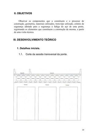 10
II. OBJETIVOS
Observar os componentes que a constituem e o processo de
construção, geometria, materiais utilizados, trem-tipo utilizado, critério de
segurança adotado para a segurança à fadiga do aço de uma ponte,
registrando os elementos que constituem a construção da mesma, a partir
de uma visita técnica.
III. DESENVOLVIMENTO TEÓRICO
1 . Detalhes iniciais.
1.1. Corte da sessão transversal da ponte.
 