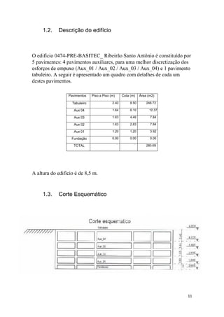 11
1.2. Descrição do edifício
O edifício 0474-PRE-BASITEC_ Ribeirão Santo Antônio é constituído por
5 pavimentes: 4 pavimentos auxiliares, para uma melhor discretização dos
esforços de empuxo (Aux_01 / Aux_02 / Aux_03 / Aux_04) e 1 pavimento
tabuleiro. A seguir é apresentado um quadro com detalhes de cada um
destes pavimentos.
A altura do edifício é de 8,5 m.
1.3. Corte Esquemático
Pavimentos Piso a Piso (m) Cota (m) Área (m2)
Tabuleiro 2.40 8.50 248.72
Aux 04 1.64 6.10 12.37
Aux 03 1.63 4.46 7.84
Aux 02 1.63 2.83 7.84
Aux 01 1.20 1.20 3.92
Fundação 0.00 0.00 0.00
TOTAL
— —
280.69
 
