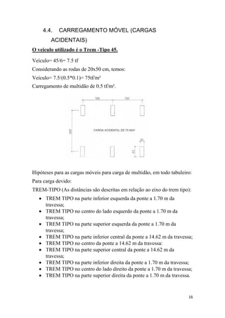 16
4.4. CARREGAMENTO MÓVEL (CARGAS
ACIDENTAIS)
O veiculo utilizado é o Trem -Tipo 45.
Veículo= 45/6= 7.5 tf
Considerando as rodas de 20x50 cm, temos:
Veículo= 7.5/(0.5*0.1)= 75tf/m²
Carregamento de multidão de 0.5 tf/m².
Hipóteses para as cargas móveis para carga de multidão, em todo tabuleiro:
Para carga devido:
TREM-TIPO (As distâncias são descritas em relação ao eixo do trem tipo):
 TREM TIPO na parte inferior esquerda da ponte a 1.70 m da
travessa;
 TREM TIPO no centro do lado esquerdo da ponte a 1.70 m da
travessa;
 TREM TIPO na parte superior esquerda da ponte a 1.70 m da
travessa;
 TREM TIPO na parte inferior central da ponte a 14.62 m da travessa;
 TREM TIPO no centro da ponte a 14.62 m da travessa:
 TREM TIPO na parte superior central da ponte a 14.62 m da
travessa;
 TREM TIPO na parte inferior direita da ponte a 1.70 m da travessa;
 TREM TIPO no centro do lado direito da ponte a 1.70 m da travessa;
 TREM TIPO na parte superior direita da ponte a 1.70 m da travessa.
 