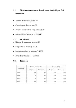 26
1 1 . Dimensionamento e Detalhamento de Vigas Pré
Moldadas
 Número de peças do grupo: 20
 Comprimento da peça (m): 30
 Volume unitário/ total (m³): 12.9 / 257.9
 Peso unitário / Total (tf): 32.2 / 644.9
1 2 . Protensão
 Número de armaduras na peça: 18
 Força total na peça (tf): 254.2
 Peso de armadura na peça (kgf): 427.7
 Nivel de protensão: II – Limitada
1 3 . Tensões
 