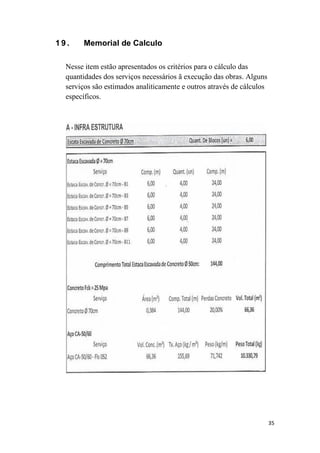 35
1 9 . Memorial de Calculo
Nesse item estão apresentados os critérios para o cálculo das
quantidades dos serviços necessários ã execução das obras. Alguns
serviços são estimados analiticamente e outros através de cálculos
específicos.
 